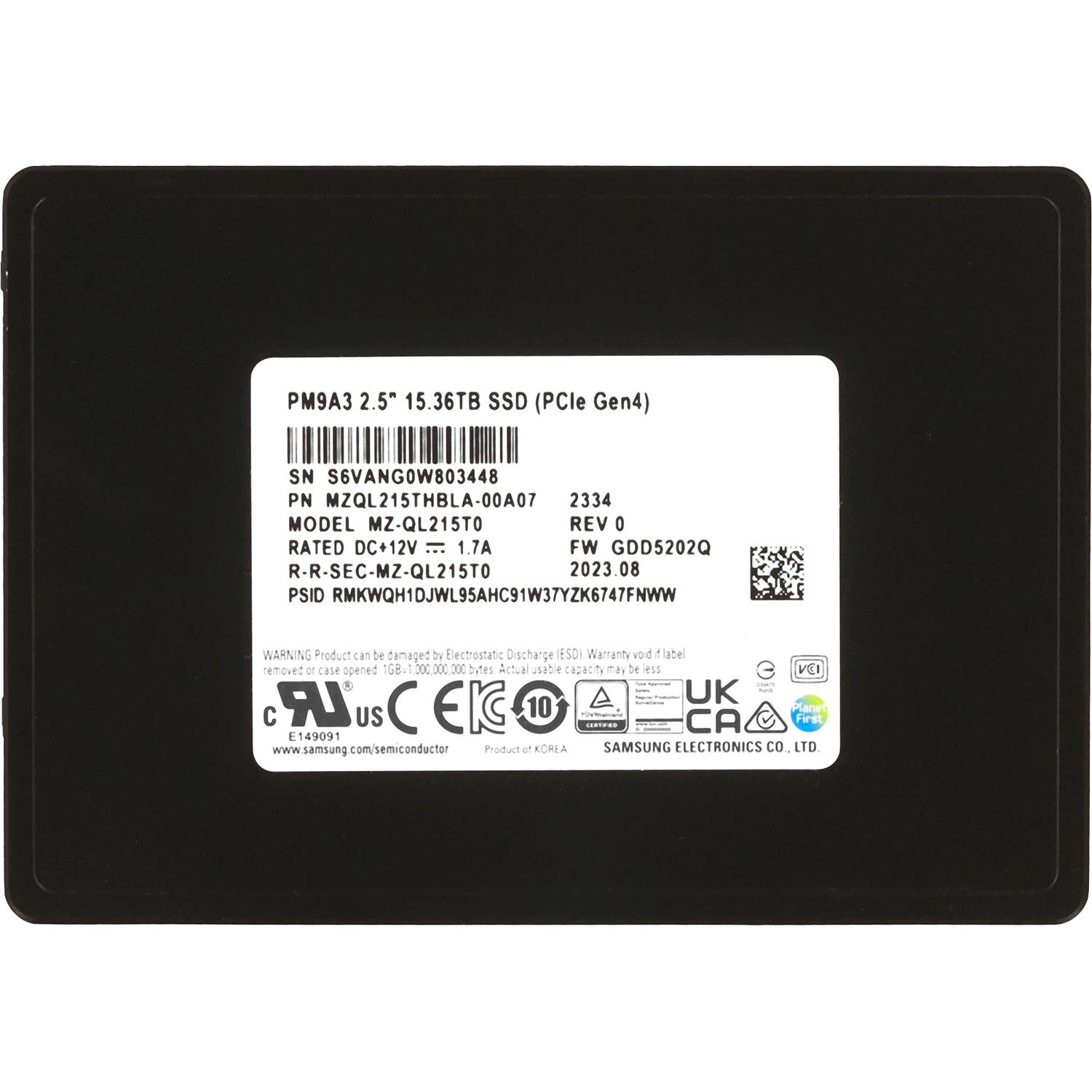 Твердотельный накопитель/ Samsung SSD PM9A3, 15360GB, U.2(2.5" 7mm), NVMe, PCIe 4.0 x4, 3D TLC, R/W 6700/4000MB/s, IOPs 1 100 000/200 000, TBW 28032, DWPD 1 (12 мес.) pulled