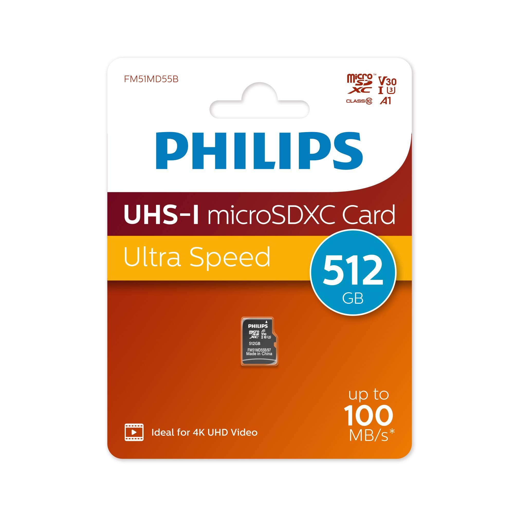 Флеш карта microSD 512GB PHILIPS High Speed  microSDHC Class 10 UHS-I U3, V30, A1, 130MB/s