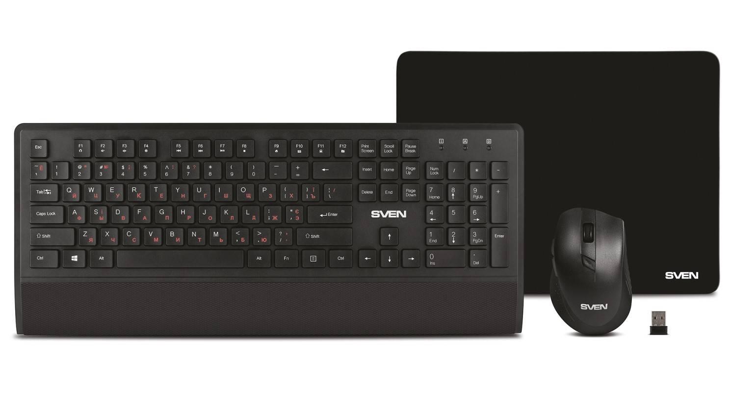 SVEN Комплект беспроводной клавиатура + мышь + коврик KB-C3800W (104 кл.+12Fn, 800-1600DPI, 5+1 кл.)