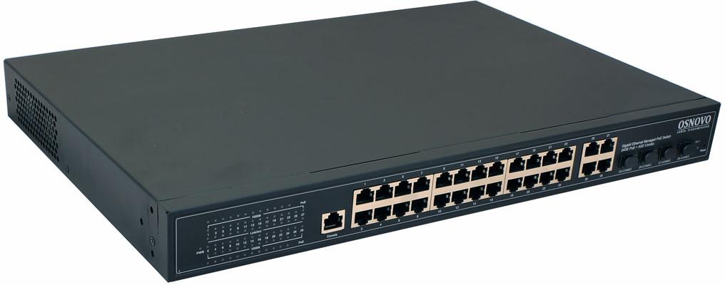 Коммутатор/ OSNOVO Управляемый L2 PoE коммутатор Gigabit Ethernet на 24 RJ45 PoE + 4 x GE Combo Uplink, до 30W на порт, суммарно до 400W