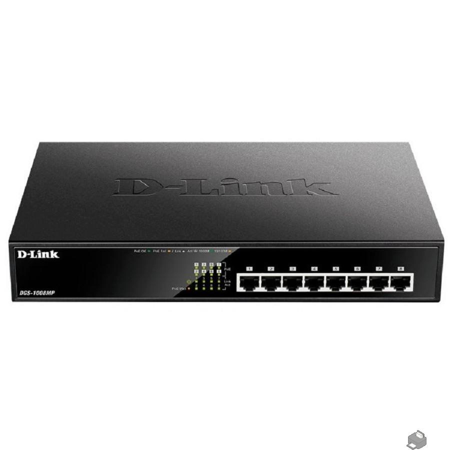 D-Link DGS-1008MP/B1A Неуправляемый коммутатор с 8 портами 10/100/1000Base-T с поддержкой PoE 802.3af/at (PoE-бюджет 125 Вт)