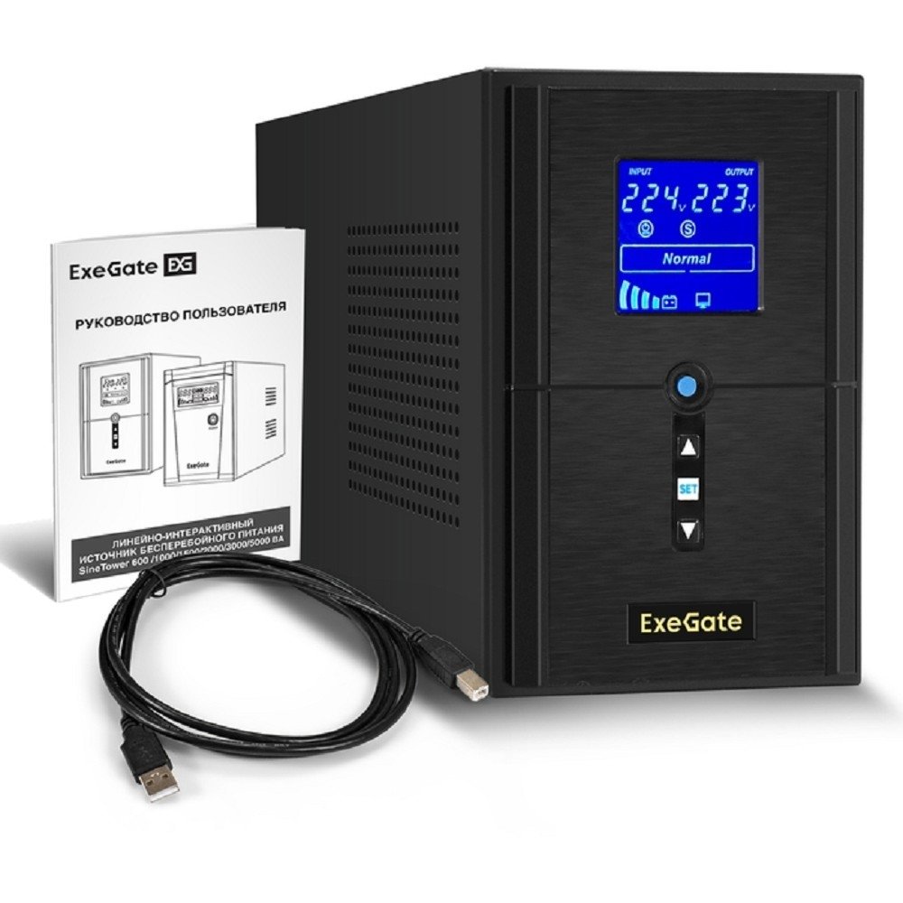 Exegate EX295982RUS ИБП (инвертор, синус, для котла) ExeGate SineTower SN-1500.LCD.AVR.2SH.1C13.USB <1500VA/1200W, чистая синусоида, LCD дисплей, AVR, 2*Schuko+1*C13, USB, линейно-интерактивный, Black