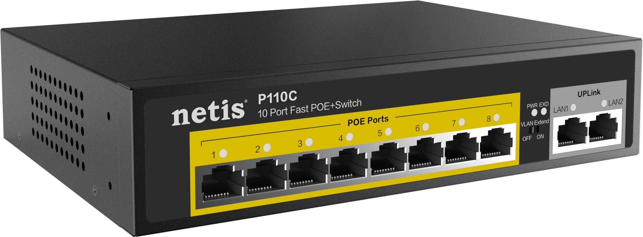 Netis P110C Коммутатор неуправляемый PoE+, 10 портов, 10x100 Мбит/с, PoE+ 8х30 Вт (до 120Вт), uplink RJ45 2x100 Мбит/с