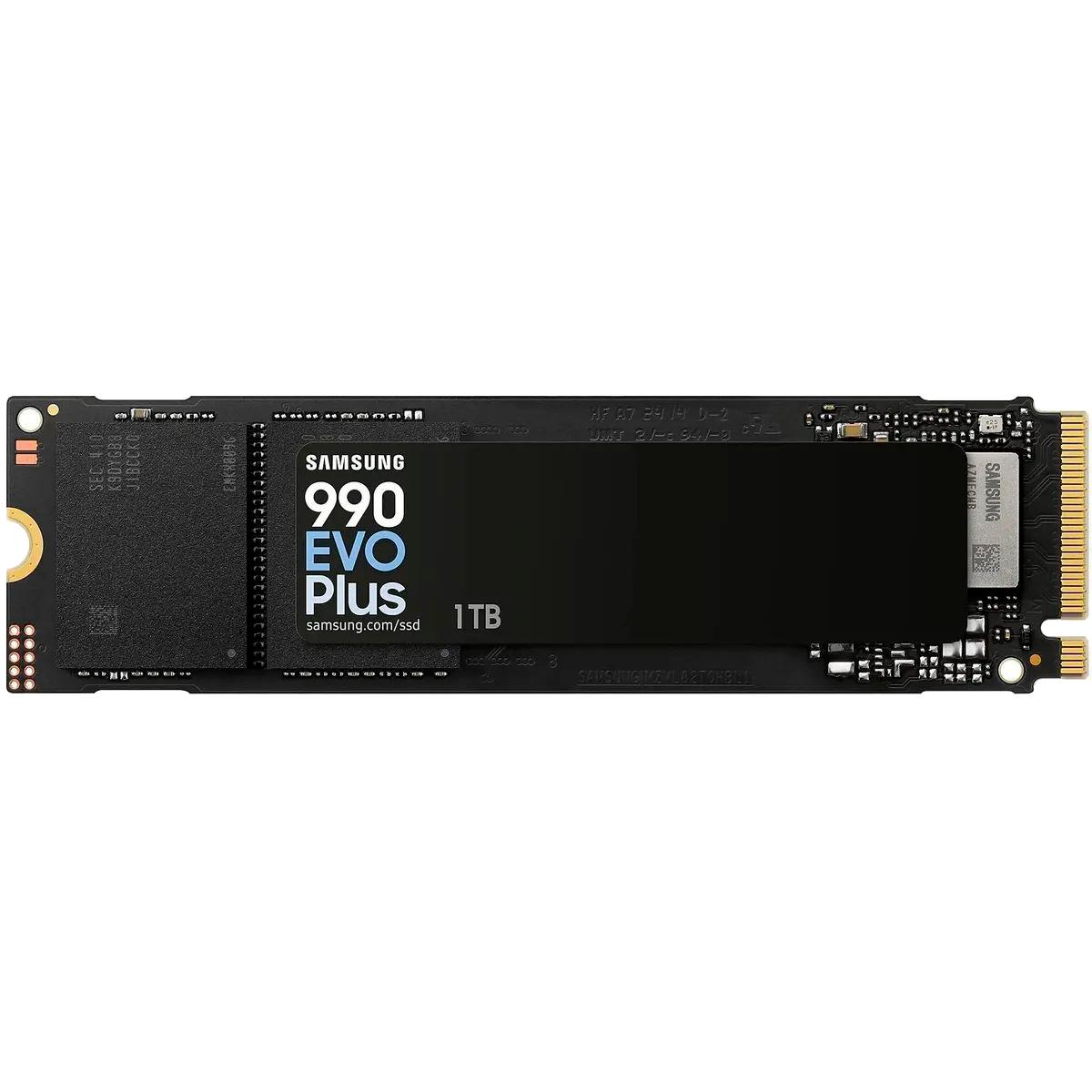 Твердотельные накопители/ Samsung SSD 990 EVO Plus, 1000GB, M.2(22x80mm), NVMe 2.0, NVMe 2.0, PCIe 4.0 x4, V-NAND TLC, R/W 7150/6300MB/s, IOPs 850 000/1 350 000, TBW 600, DWPD 0.3 (12 мес.), MZ-V9S1T0BW