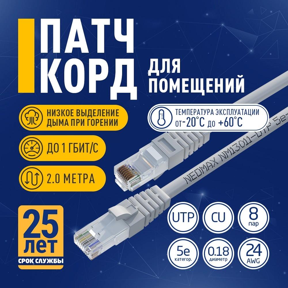 NEOMAX (NM13011-020) Шнур коммут. UTP  2 м, cat.5е, 24AWG, серый, LSZH  многожильный