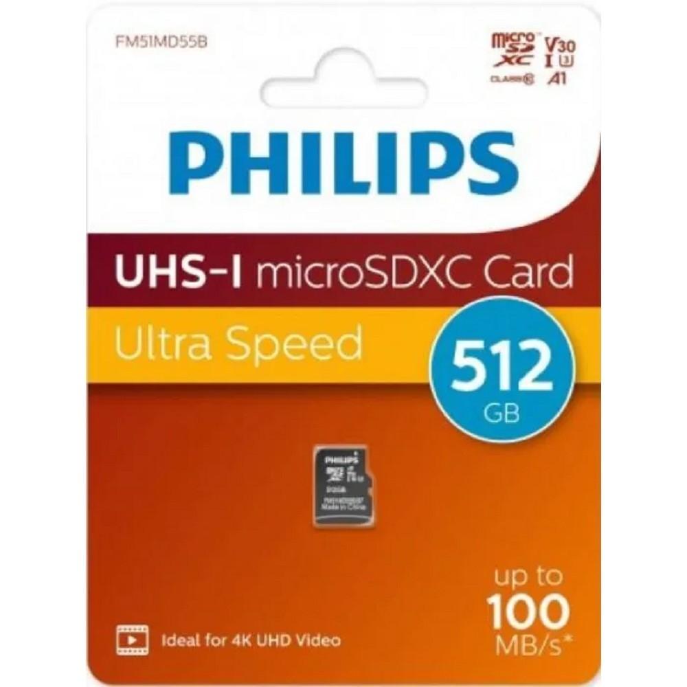 Micro SecureDigital 512GB Philips High Speed  microSDHC Class UHS-I U3, V30, A1, 130MB/s, FM51MD55B/97
