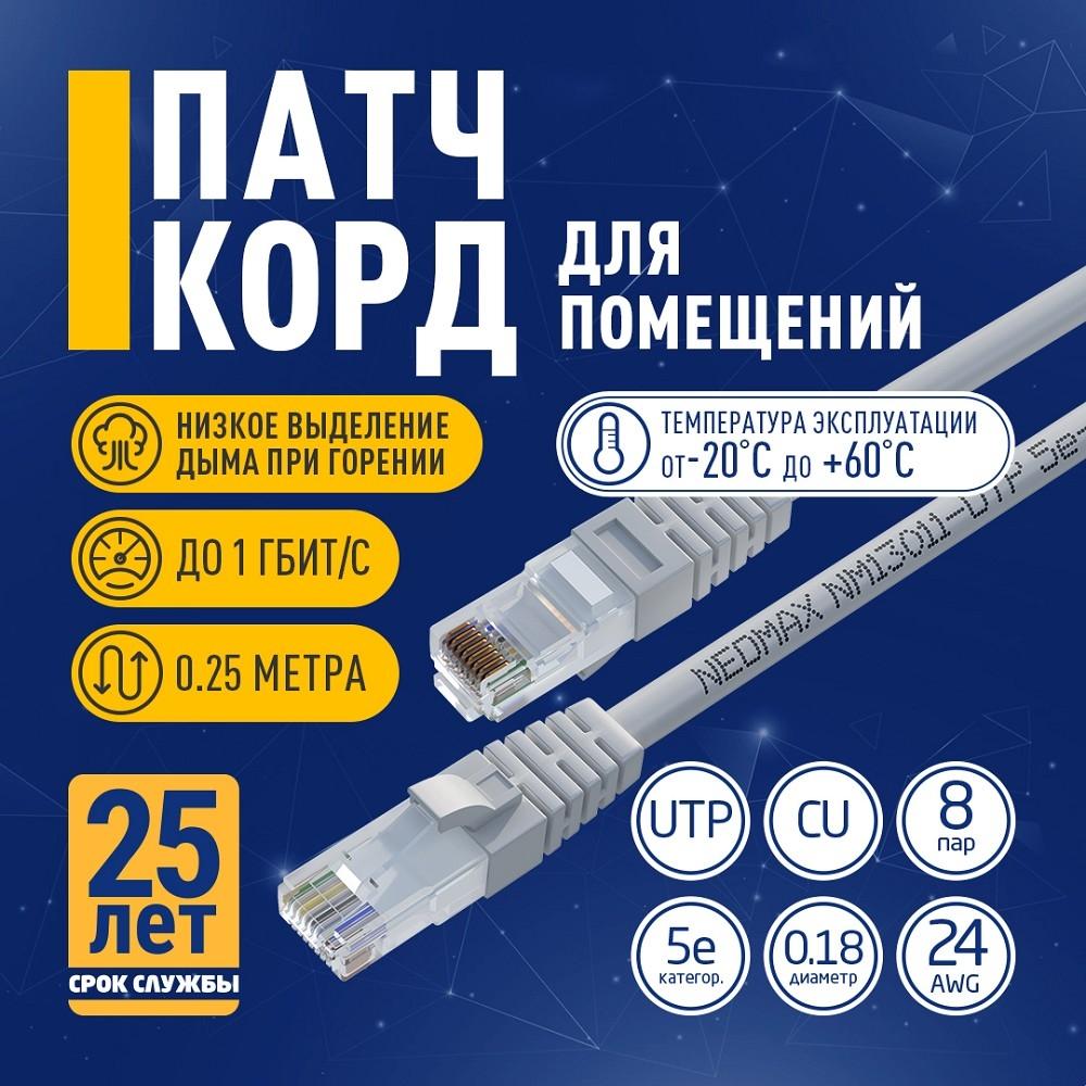 NEOMAX (NM13011-0025) Шнур коммут. UTP 0.25 м, cat.5е, 24AWG, серый, LSZH, многожильный