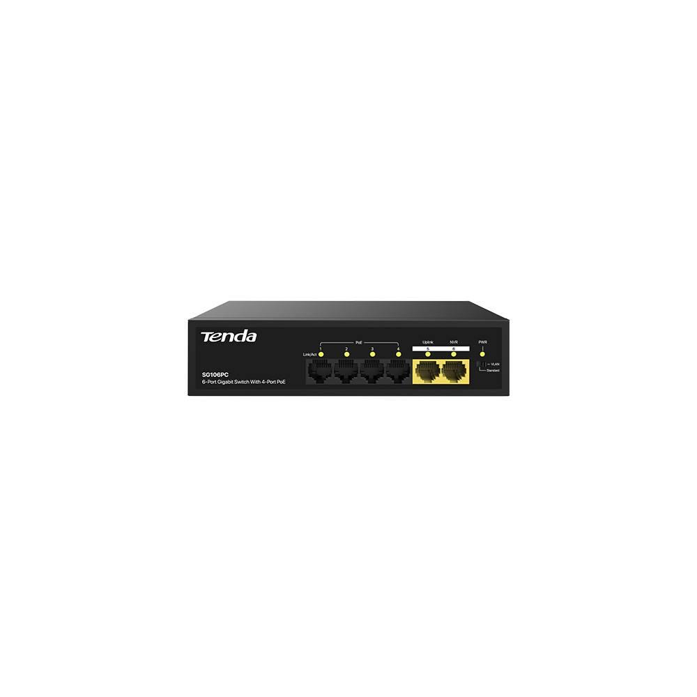 Tenda SG106PC Коммутатор неуправляемый PoE, 6 портов, 6x1 Гбит/с, PoE 4х до 30 Вт, 2хUplink, настольный