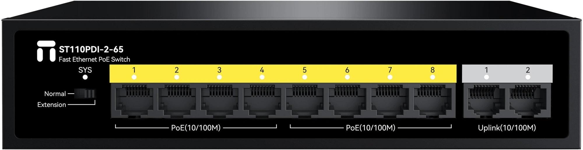 Netis ST110PDI-2-65 Коммутатор неуправляемый PoE, 8x100 Мбит/с, SFP/uplink RJ-45 2x100 Мбит/с, PoE 4x30 Вт (до 65 Вт)