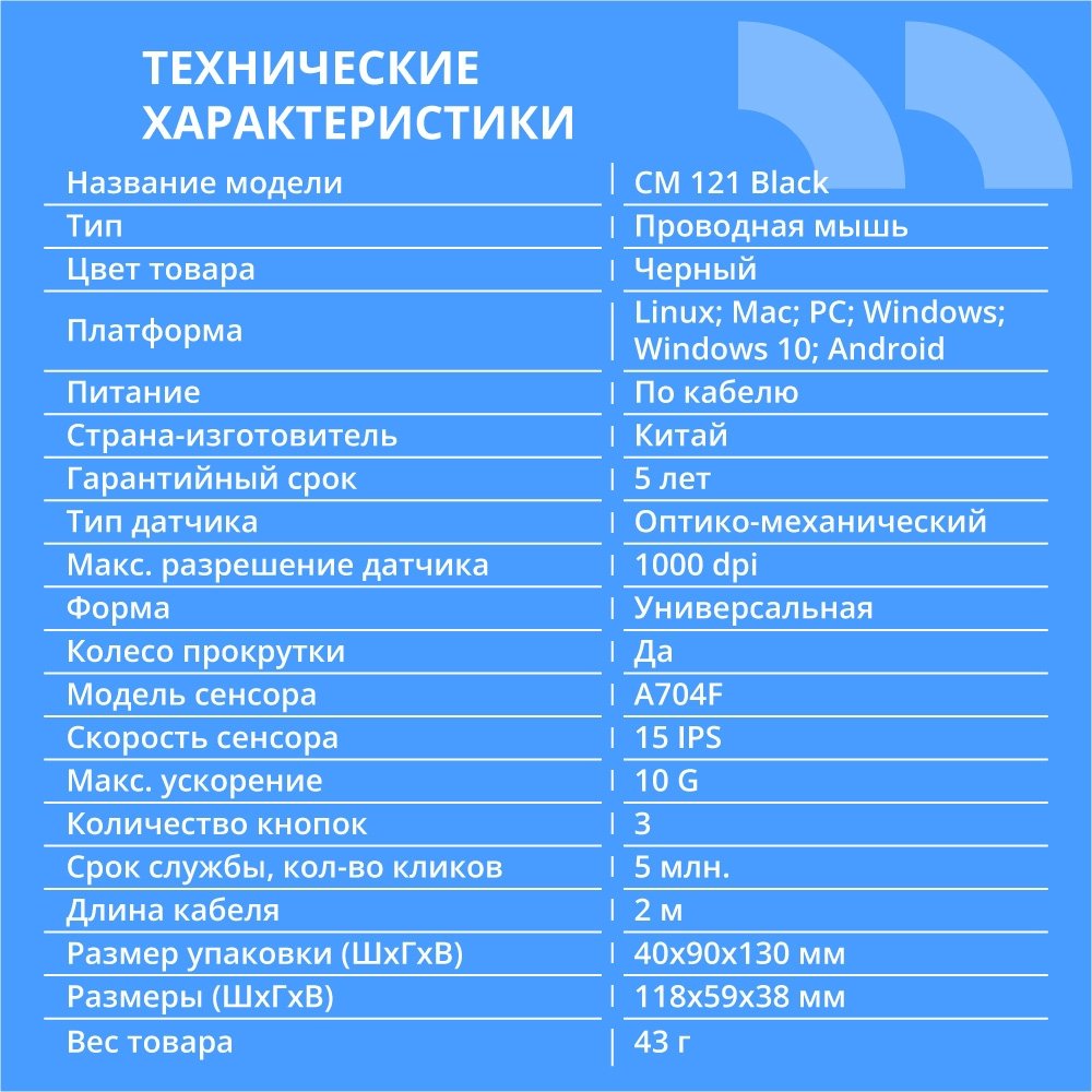 CBR CM 121 Black USB, Мышь офисн., оптич., 1000 dpi, 3 кн., 2.0 м
