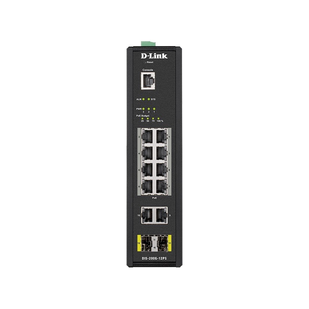 D-Link DIS-200G-12PS/A2A Промышленный управляемый коммутатор 2 уровня с 10 портами 10/100/1000Base-T и 2 портами 1000Base-X SFP (8 портов с поддержкой PoE 802.3af/802.3at (30 Вт), PoE-бюджет до 240Вт)