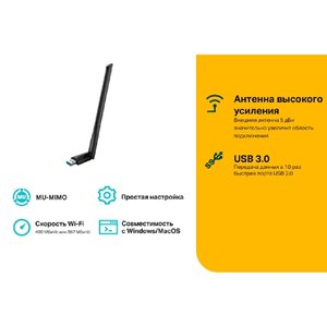 TP-Link Archer T3U Plus AC1300 Двухдиапазонный Wi-Fi USB-адаптер высокого усиления