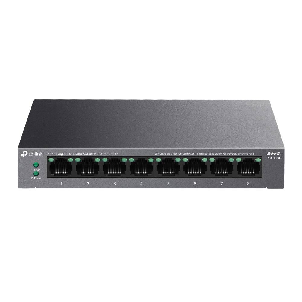 TP-Link LS108GP Настольный коммутатор с 8 гигабитными портами PoE+, бюджет PoE — 62 Вт, стальной корпус
