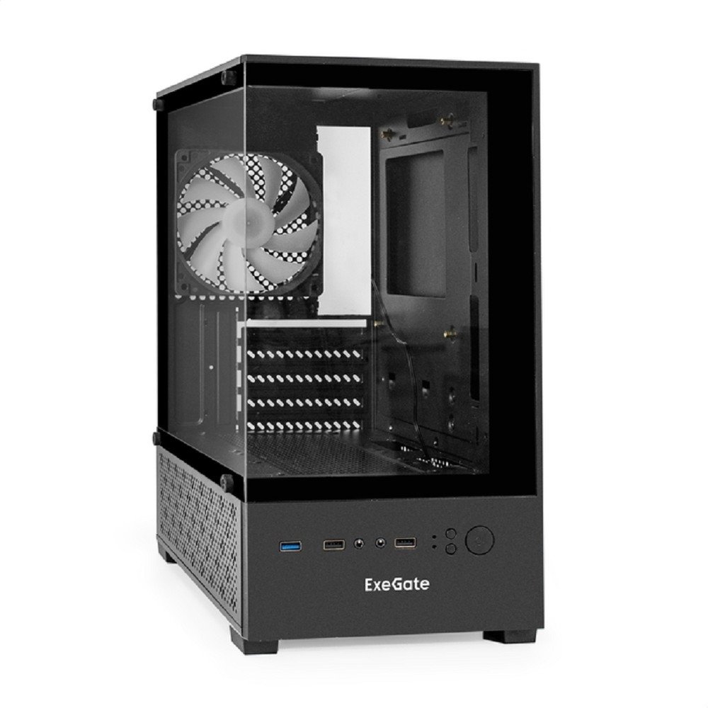 Exegate EX298221RUS Корпус Minitower ExeGate i3 SEA (mATX, без БП, 1*USB+1*USB3.0, HD аудио, черный, 1 вент. 12см с RGB подсветкой, передняя и боковая панели - закаленное стекло)