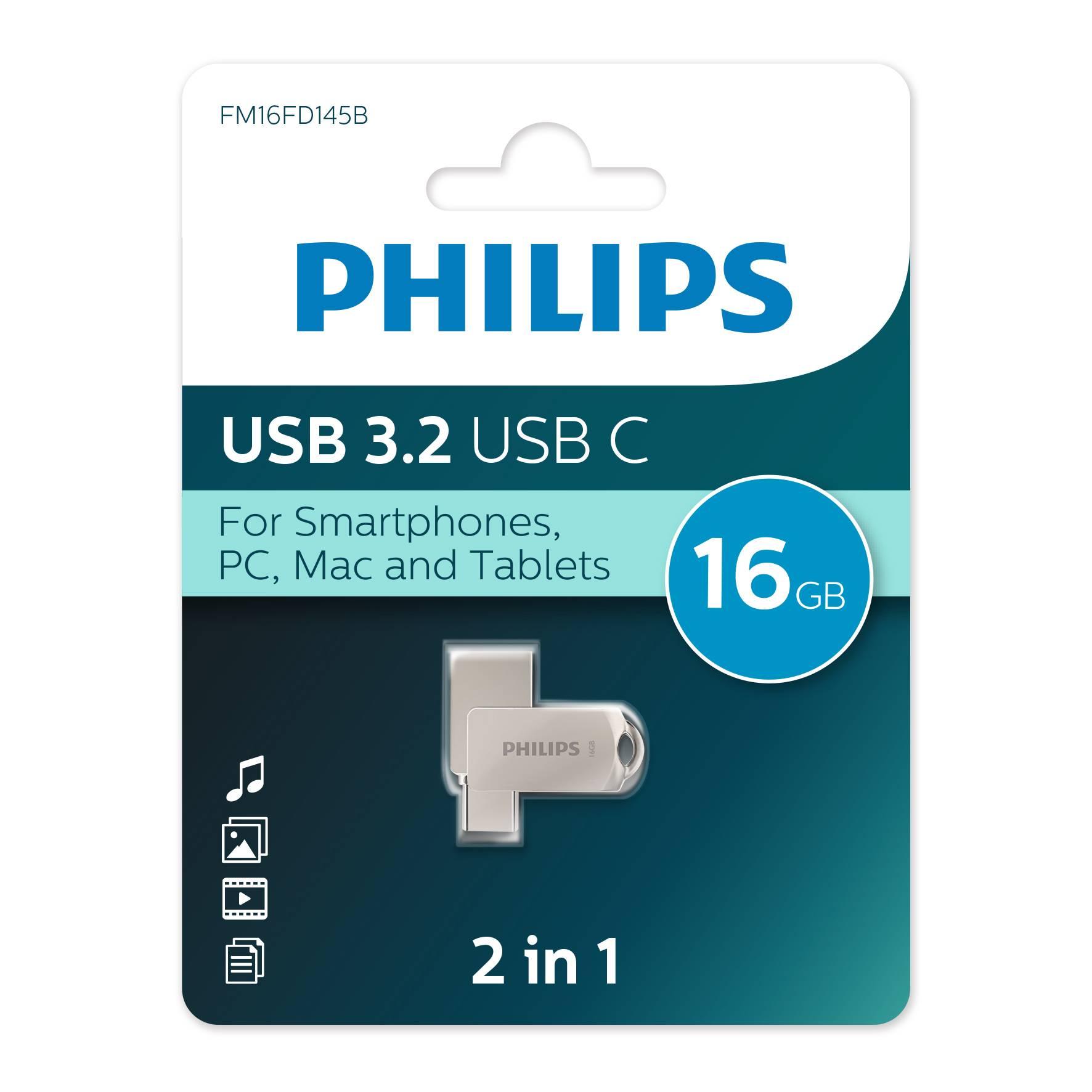 Флеш накопитель 16Gb PHILIPS 2-in-1 USB 3.2 USB C, OTG, USB 3.2/Type-C, Металл, 100 MB/s, FM16FD145B/97