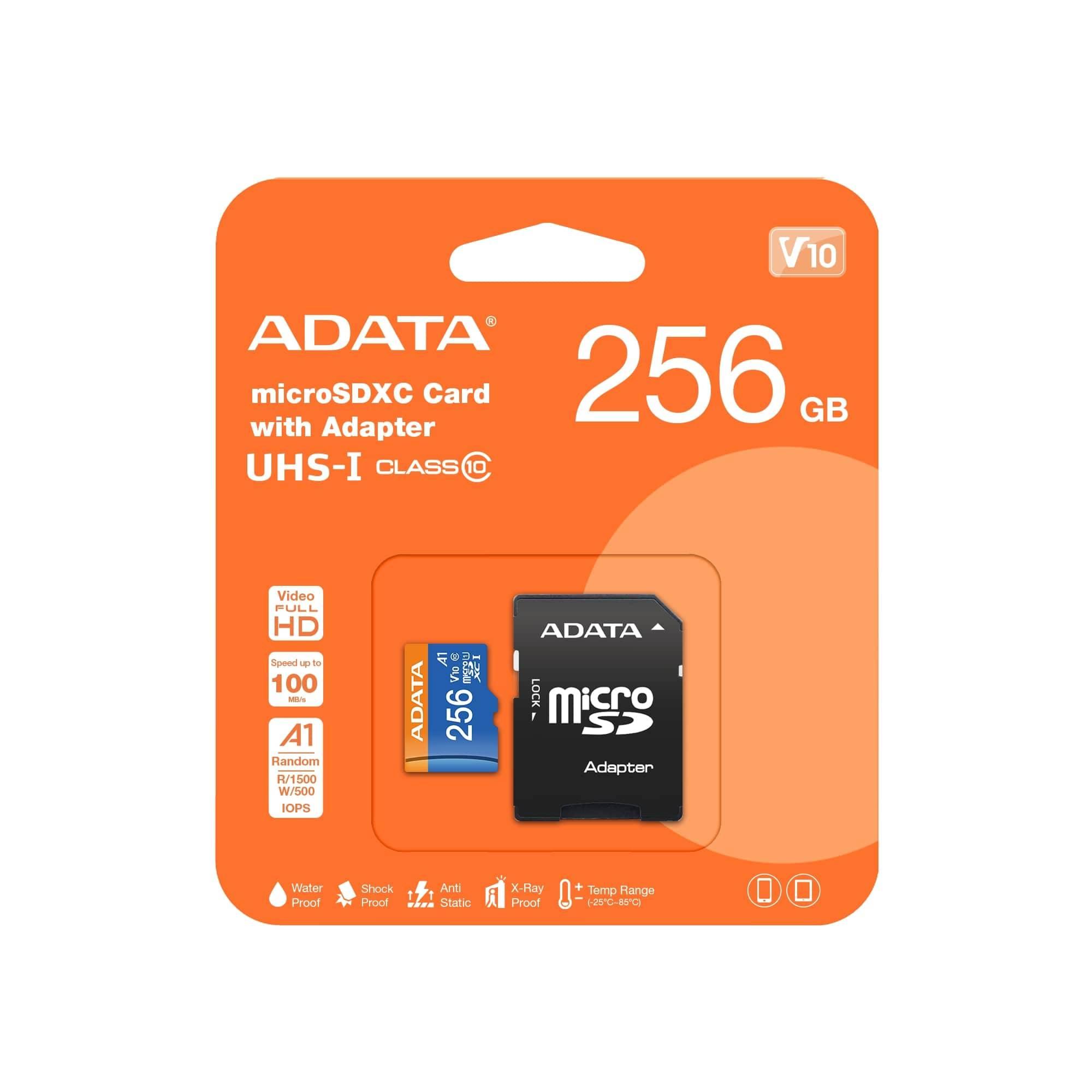 Флеш карта microSD 256GB A-DATA Premier microSDHC Class 10 UHS-I A1 100/25 MB/s (SD адаптер), AUSDX256GUICL10A1-RA1
