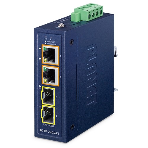 медиа конвертер/ PLANET IP30 Compact size 2-Port 100/1000X SFP + 2-Port 10/100/1000T 802.3at PoE+ Media Converter (-40~75 degrees C, dual 48~54V DC, max. 60W PoE budget), IGTP-2205AT