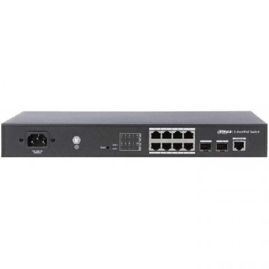 DAHUA DH-PFS4210-8GT-150 10-портовый гигабитный управляемый коммутатор с PoE, уровень L2, 8xRJ45 1Gb PoE, 2xSFP 1Gb, суммарно 150Вт, коммутация 20 Гбит/с, MAC-таблица 8К, металл