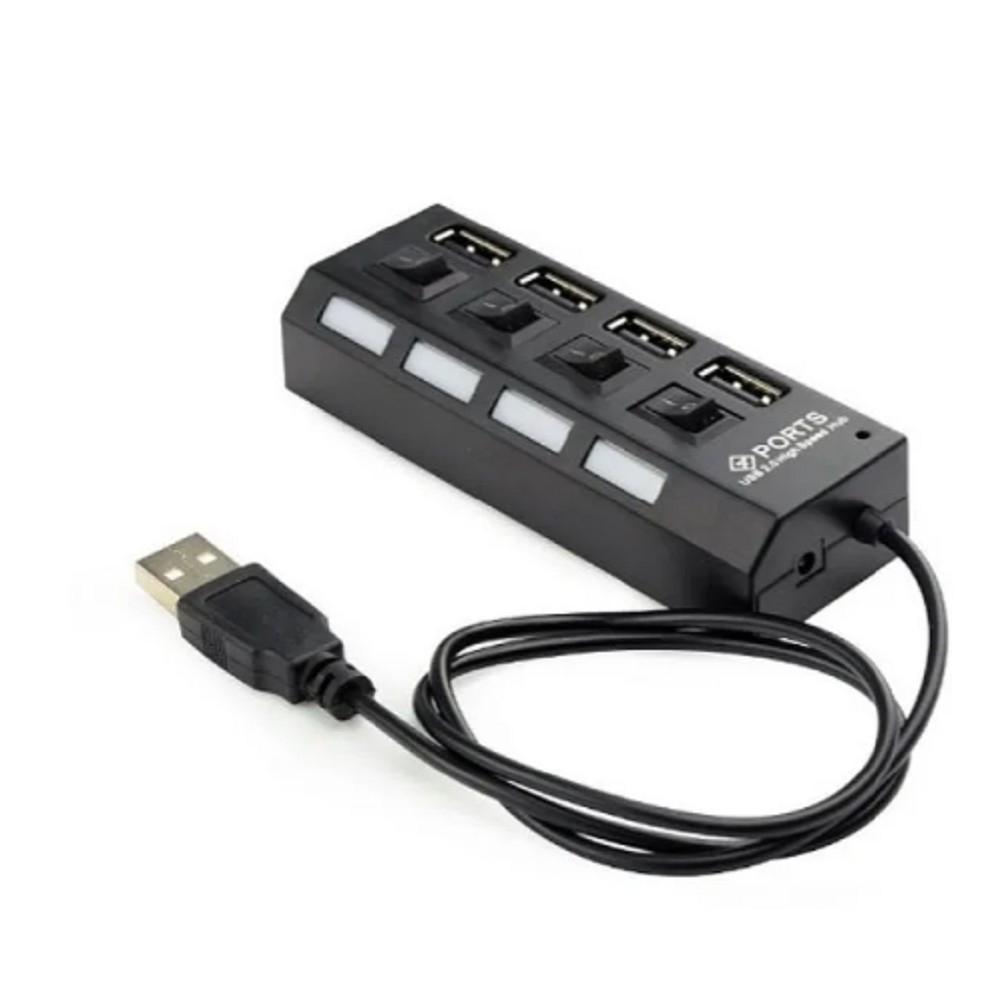 Gembird Разветвитель USB2.0  4xUSB, блок питания 2А, подсветка и выкл, кабель USB 55см, черный (UHB-U2P4-02A)