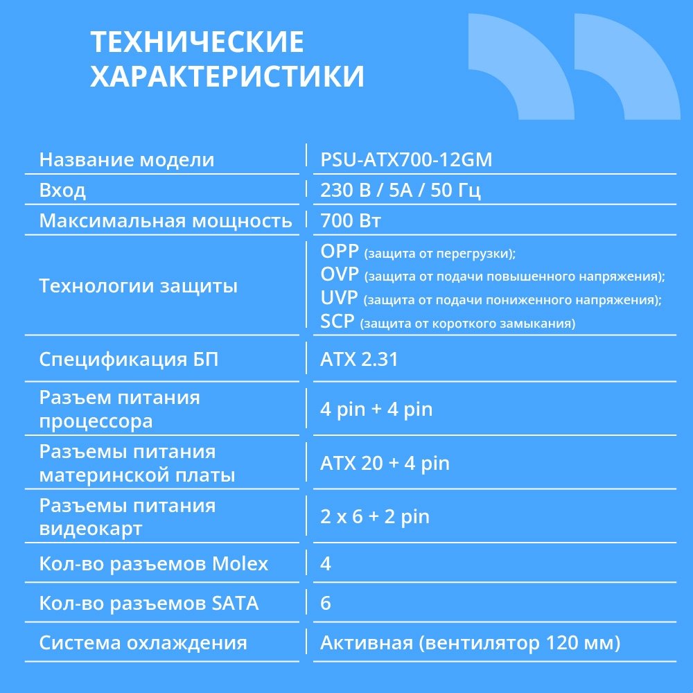 Блок питания CBR ATX 700W 80+ Bronze, DC-DC, APFC, 0.6mm, 24pin, 1*8-pin(4+4P), 2*6+2pin, 6*SATA, 4*IDE, 12cm fan, 1.5м кабель питания, черный [PSU-ATX700-12GM] BOX
