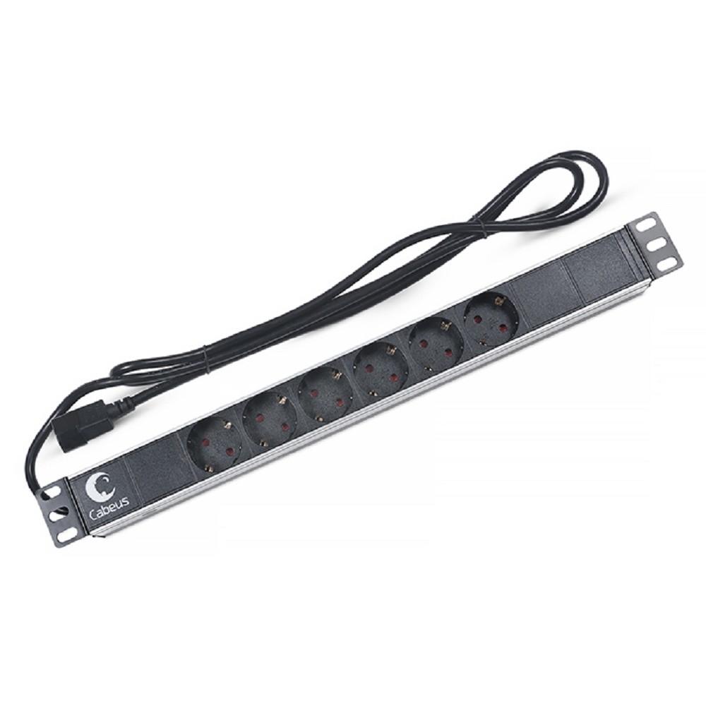 Cabeus PDU-6P-2IEC Блок евророзеток для 19" шкафов, горизонтальный, 6 розеток, 10 A, без выключателя, алюминиевый корпус, шнур 2 м, вилка IEC 320 C14