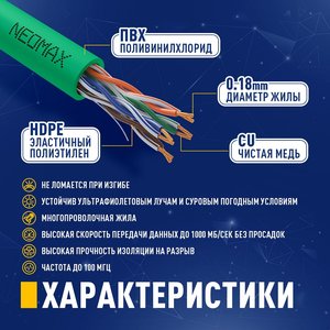 NEOMAX (NM13001-050G) Шнур коммут. UTP 5 м, cat.5е, зеленый, многожильный