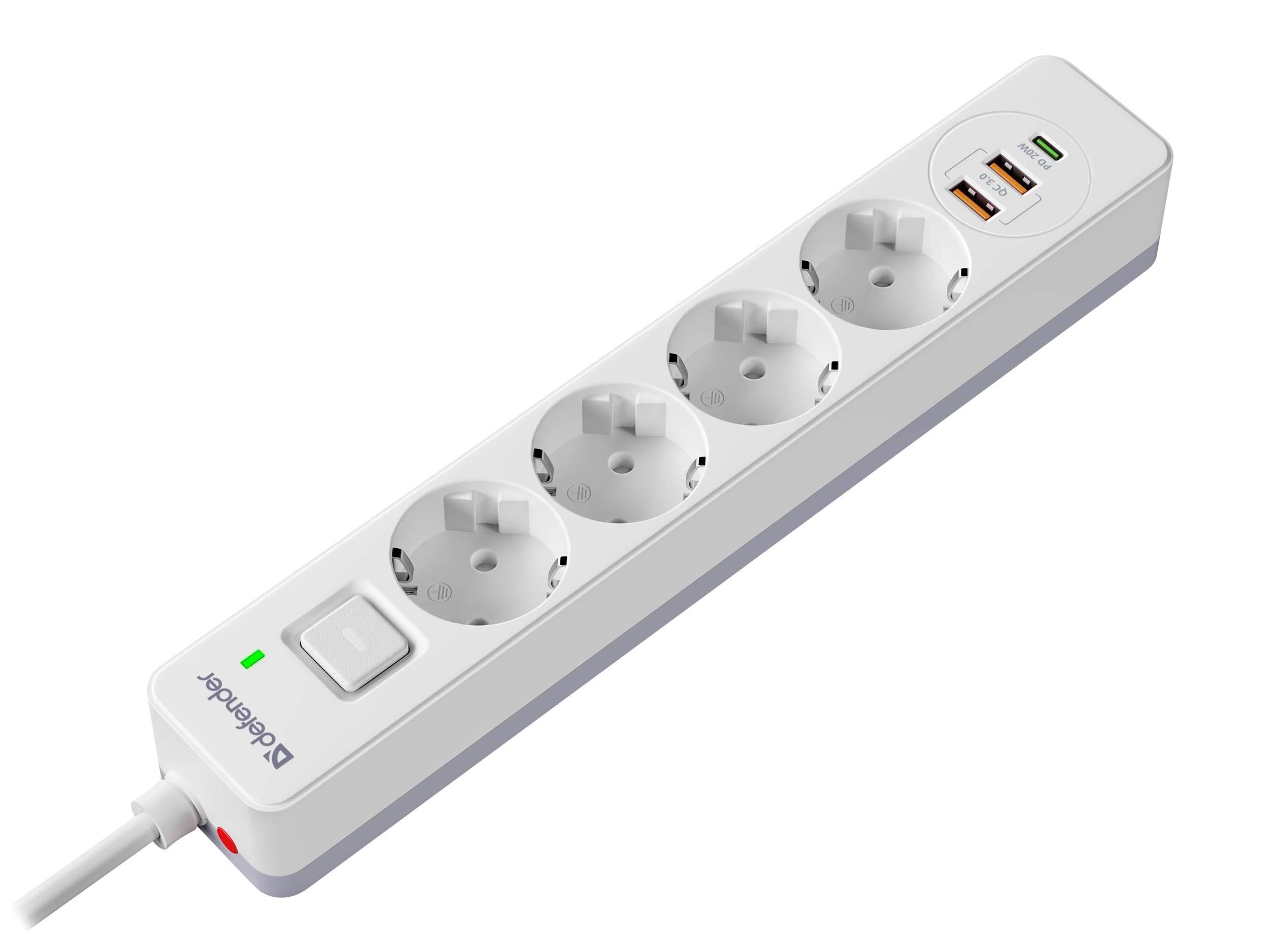 Defender Удлинитель с сетевым фильтром DFS 145, 4 розетки, USB+TypeC, 5 м, белый., 99435