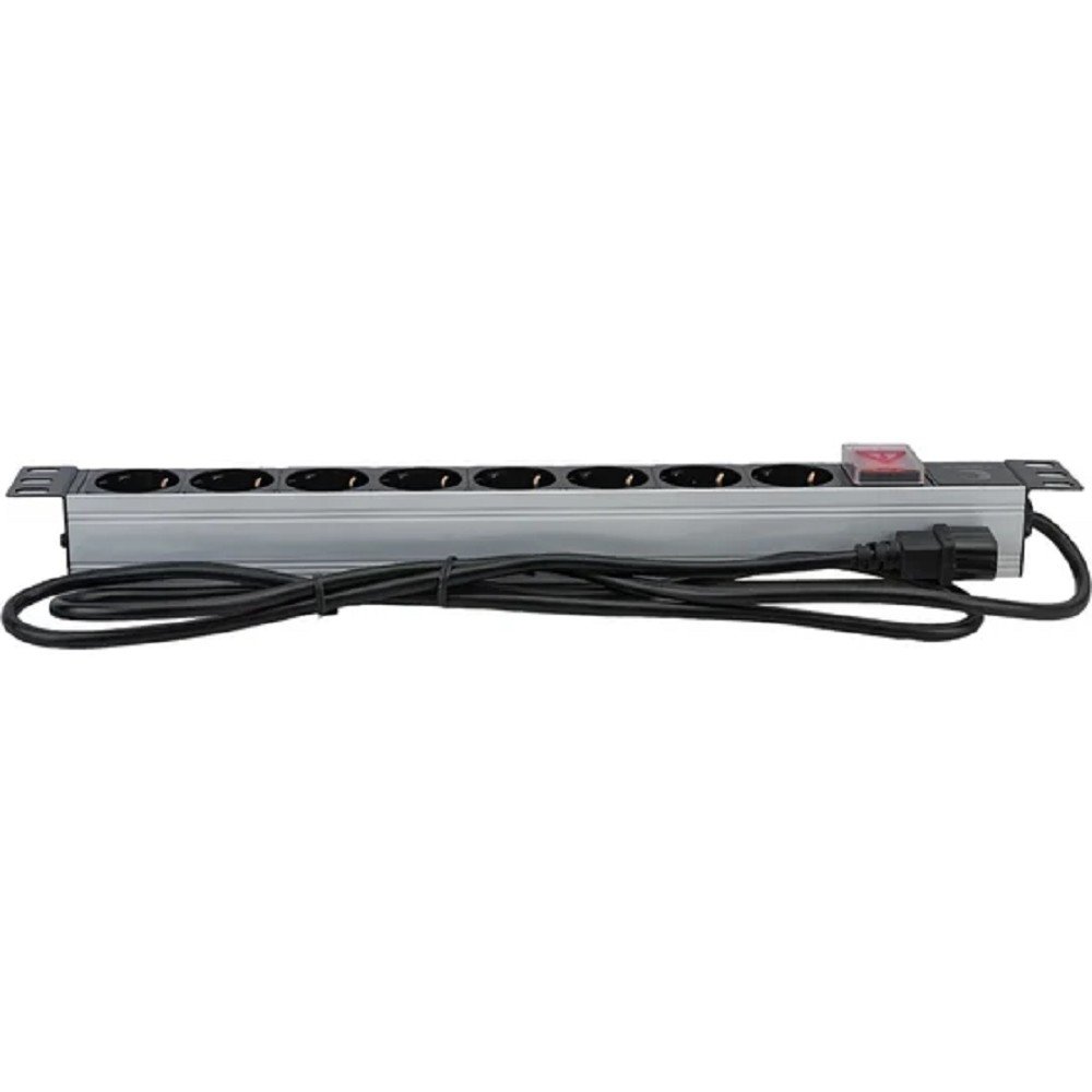 Cabeus  PDU-8P-2IEC  Блок евророзеток для 19" шкафов, горизонтальный, 8 розеток, 10 A, выключатель, алюминиевый корпус, шнур 2 м, вилка IEC 320 C14
