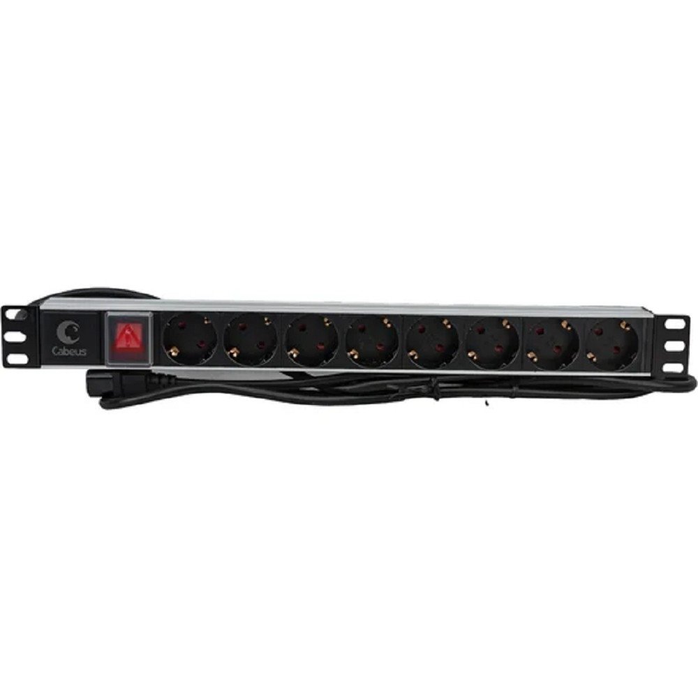 Cabeus  PDU-8P-2IEC  Блок евророзеток для 19" шкафов, горизонтальный, 8 розеток, 10 A, выключатель, алюминиевый корпус, шнур 2 м, вилка IEC 320 C14