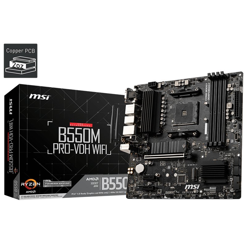 Материнская плата/ MB MSI AMD B550 sAM4, 4xDDR4(128GB), D-SUB/HDMI 2.1/DP, 1xPCIe 4.0x16, 2xPCIe 3.0, 1xLAN, Wi-Fi, BT, 4xSATA 6Gb/s, 2xM.2, 4xUSB 3.2, 2xUSB 2.0, 1xPS/2, mATX, B550M PRO-VDH WIFI
