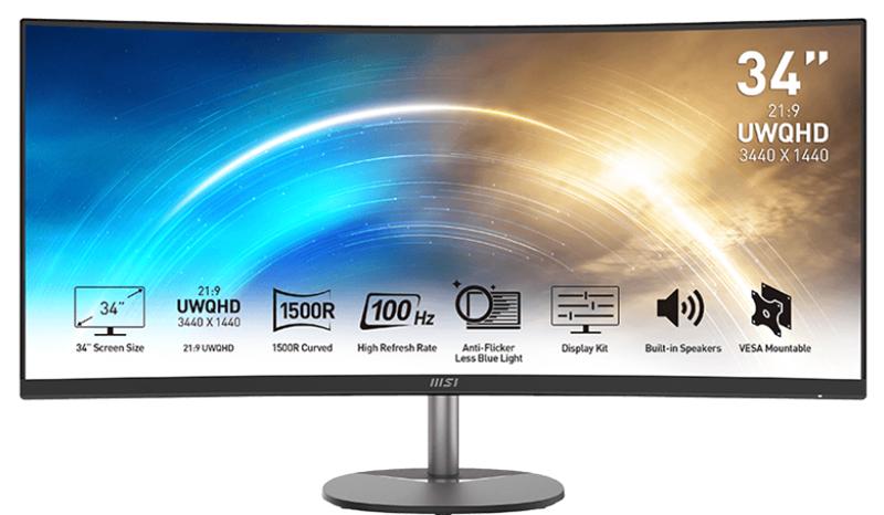 Монитор MSI PRO MP341CQ 34" 21:9 UWQHD(3440x1440) VA Curve1500R, 1ms(MPRT), 3000:1,100M:1,300nit,178/178,2xHDMI 2.0,DP 1.2,Tilt,Speaker,VESA,100Hz,Black,1y w-ty, 9S6-3PB2CT-041