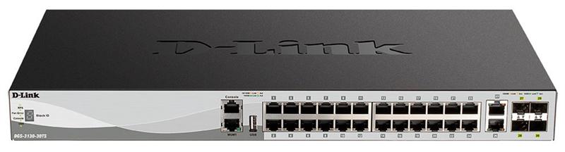 Коммутатор D-Link PROJ Управляемый L3 стекируемый коммутатор, 24x1000Base-T, 2x10GBase-T, 4x10GBase-X SFP+, защита от статического электричества до 6 кВ, CLI, порт управления 1000Base-T, консольный порт RJ-45, 1, DGS-3130-30TS/B1A