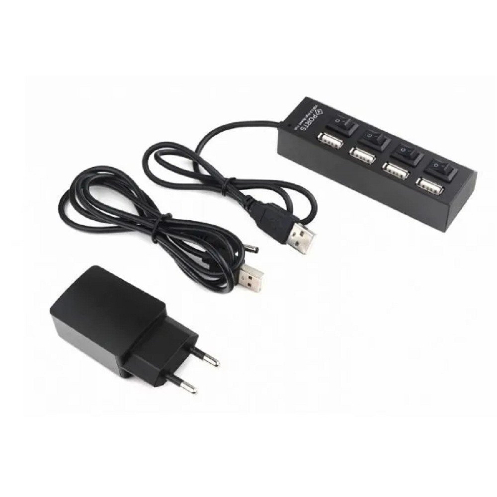 Gembird Разветвитель USB2.0  4xUSB, блок питания 2А, подсветка и выкл, кабель USB 55см, черный (UHB-U2P4-02A)
