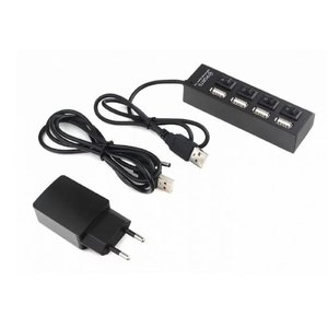Gembird Разветвитель USB2.0  4xUSB, блок питания 2А, подсветка и выкл, кабель USB 55см, черный (UHB-U2P4-02A)