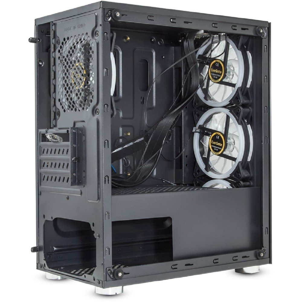 ExegateEX294382RUS Корпус Minitower ExeGate Mistery X2 (mATX, без БП, 2*USB+1*USB3.0, аудио, черный, 4 вент. 12см с RGB подсветкой, боковая панель - закаленное стекло)