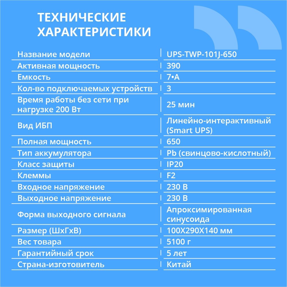 ИБП CBR [UPS-TWP-101J-650] 650VA/390W, Schuko CEE 7 x2 outlets, LED, AVR, SEC, 12V/7Ah