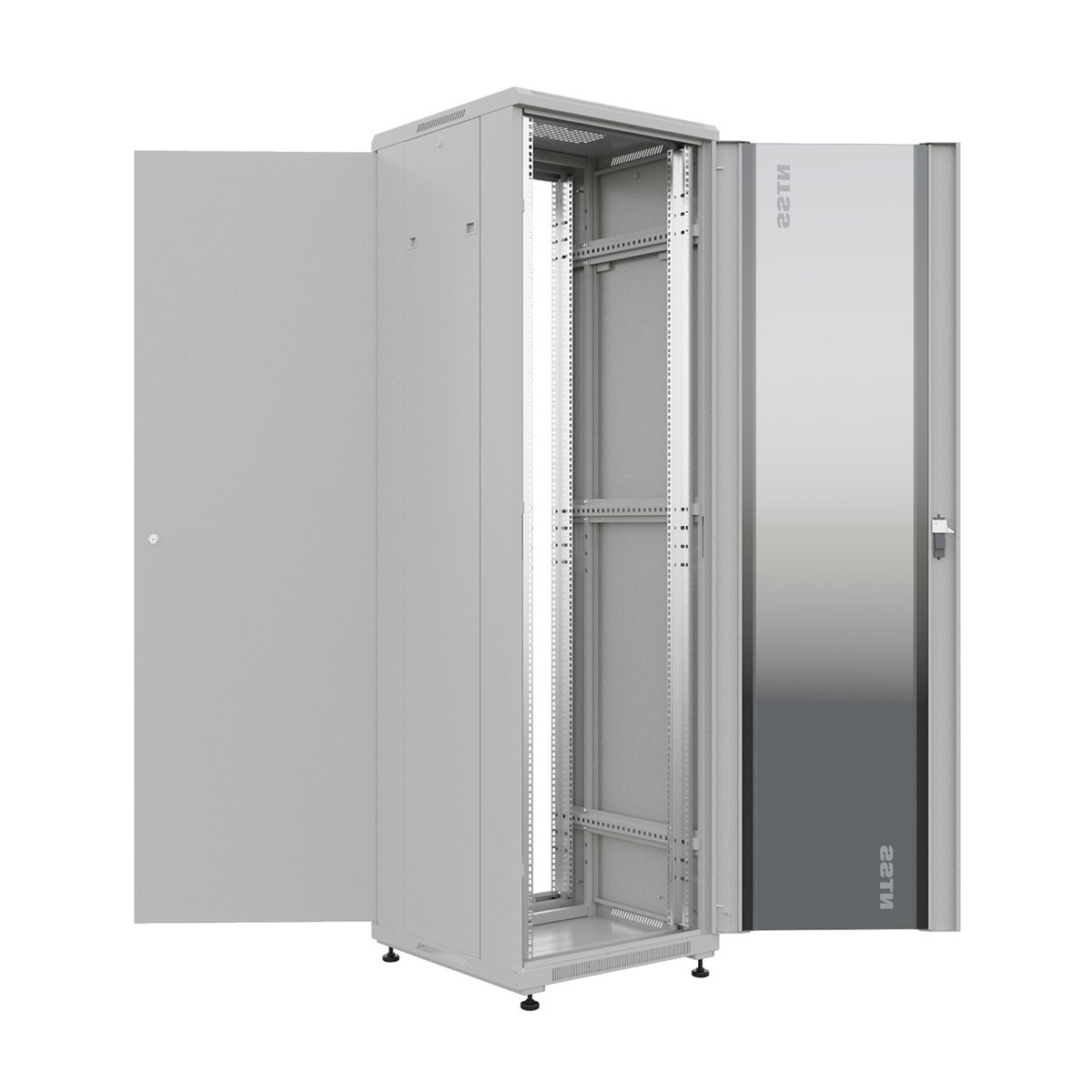 NTSS Шкаф напольный универсальный серверный NTSS R 18U 600х600мм, 4 профиля 19, двери стекло и сплошная металл, боковые стенки съемные, регулируемые опоры, разобранный, серый RAL 7035 NTSS-R18U6060GS