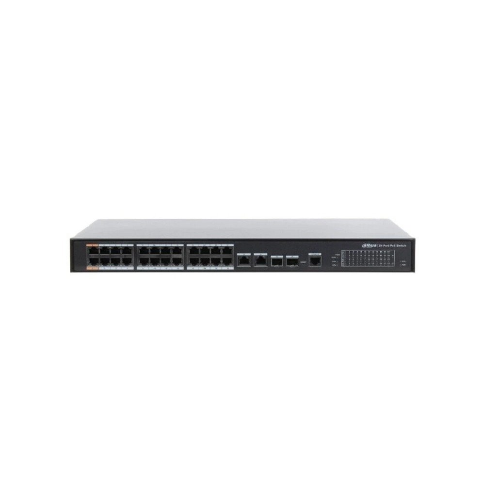 DAHUA DH-PFS4226-24ET-360 26-портовый управляемый коммутатор с РоЕ, уровень L2, 24xRJ45 100Mb PoE, 2хКомбо SFP/RJ45 1Gb uplink, суммарно 360Вт, коммутация 8.8 Гбит/с, MAC-таблица 4К
