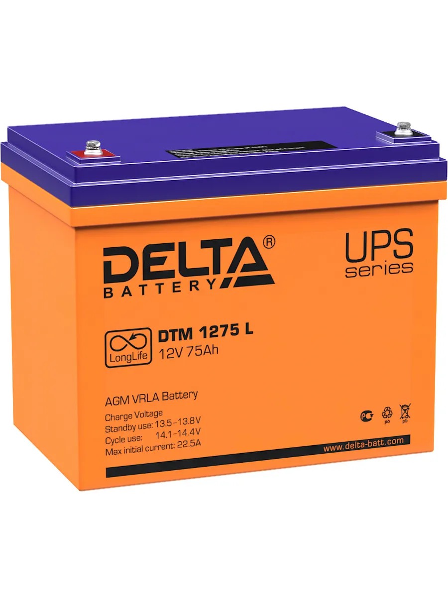 Аккумуляторная батарея Delta DTM 1275 L 12В/75Ач, клемма Болт М6 (258х166х206мм (215мм); 23кг; Срок службы 10-12лет; Гар, 4614010640013