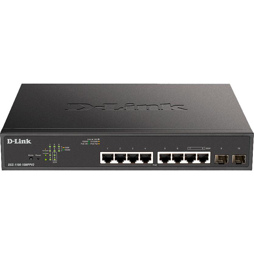 Коммутатор/ EasySmart L2 Switch 8х1000Base-T PoE, 2x1000Base-X SFP, PoE Budget 242W, 2 PoE ports 802.3bt (90W), DGS-1100-10MPPV2/A3A