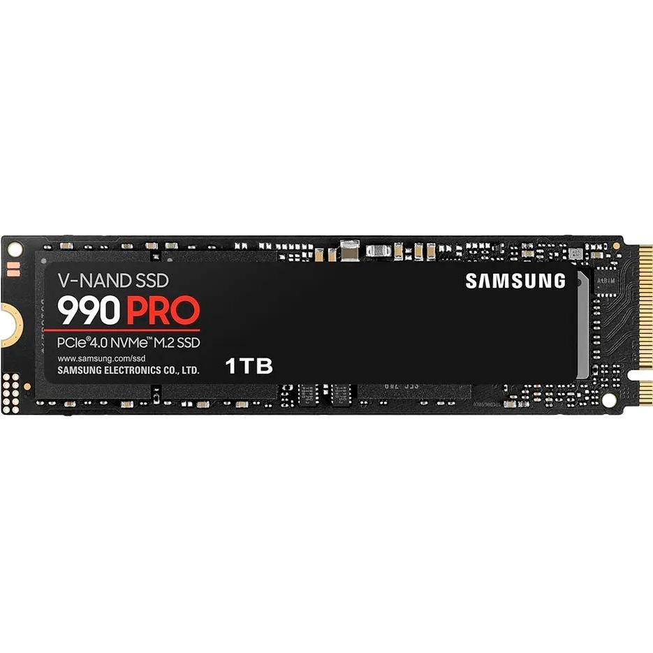 Твердотельные накопители/ Samsung SSD 990 PRO, 1000GB, M.2(22x80mm), NVMe 2.0, PCIe 4.0 x4, V-NAND TLC, R/W 7450/6900MB/s, IOPs 1 200 000/1 550 000, DRAM buffer 1024MB, TBW 600, DWPD 0.33 (12 мес.), MZ-V9P1T0BW