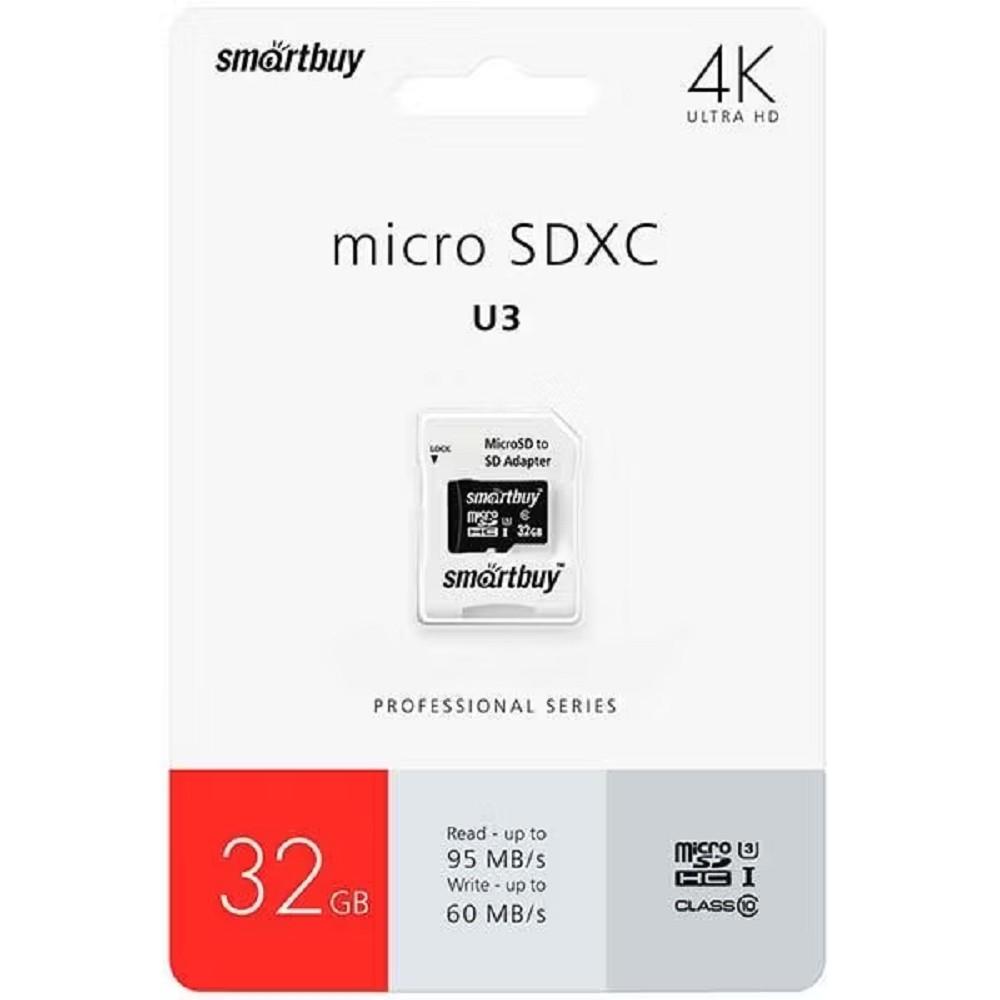 Micro SecureDigital 32GB Smartbuy серия Pro U3/A1/V30, 95/60 МБ/с, с адаптером S, SB32GBSDCL10U3L-01