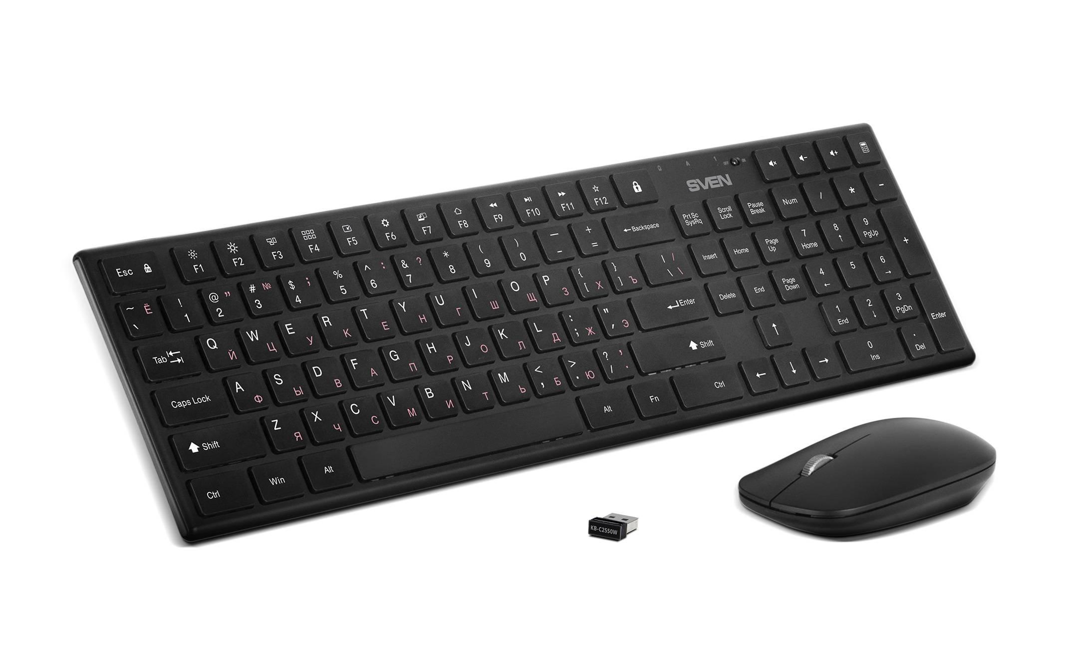 SVEN Комплект беспроводной ножничная клавиатура + мышь KB-C2550W чёрный (109 кл.,12Fn, 1000DPI, 2+1 кл.), SV-021672