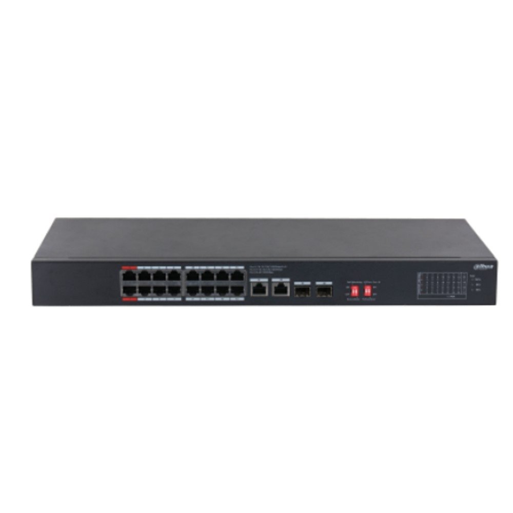 DAHUA DH-S3220-16GT-240 16-портовый гигабитный коммутатор с PoE, уровень L2, 16xRJ45 1Gb, 2xRJ45 1Gb uplink, 2xSFP 1Gb uplink, суммарно 240Вт, коммутация 40 Гбит/с, MAC-таблица 8К