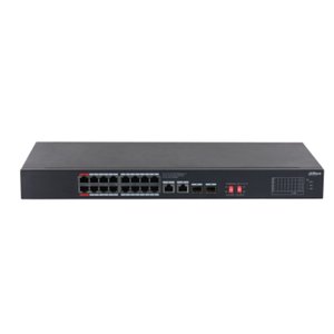DAHUA DH-S3220-16GT-240 16-портовый гигабитный коммутатор с PoE, уровень L2, 16xRJ45 1Gb, 2xRJ45 1Gb uplink, 2xSFP 1Gb uplink, суммарно 240Вт, коммутация 40 Гбит/с, MAC-таблица 8К