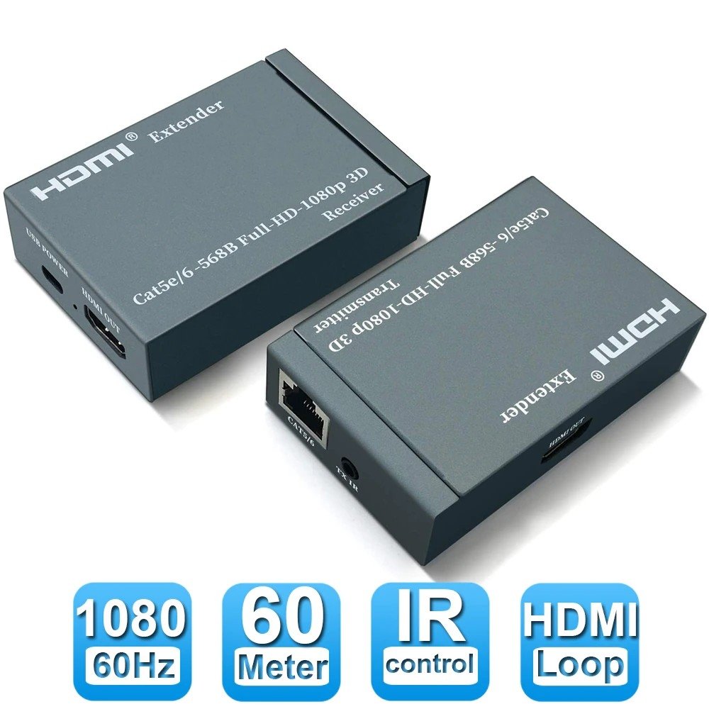 ORIENT VE045IR, HDMI extender (Tx+Rx), активный удлинитель до 60 м по витой паре Cat5e/6, HDMI 1.4а, 1080p@60Hz/3D, HDCP, доп. вых. HDMI, передача ИК сиг. упр.( IR-TX/Rx в компл), БП 5В/1А (31323) 