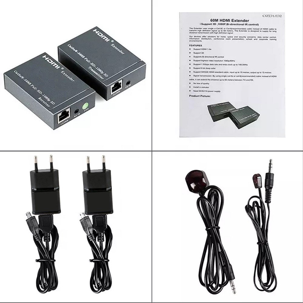 ORIENT VE045IR, HDMI extender (Tx+Rx), активный удлинитель до 60 м по витой паре Cat5e/6, HDMI 1.4а, 1080p@60Hz/3D, HDCP, доп. вых. HDMI, передача ИК сиг. упр.( IR-TX/Rx в компл), БП 5В/1А (31323) 