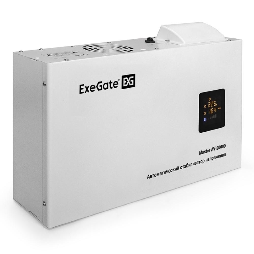 Exegate EX291765RUS Стабилизатор напряжения настенный ExeGate Master AV-20000 (20000ВА, вход 140-260В, цветной дисплей, выход 220В±8%, КПД 98%, 5 уровней защиты, задержка, усиленный метал.корпус, 1*Sc
