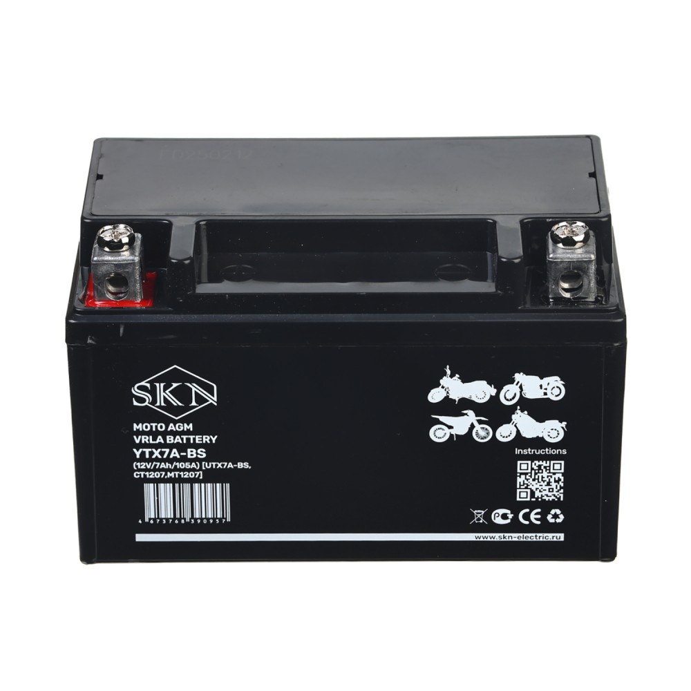 Аккумулятор стартерный для мототехники SKN YTX7A-BS (12V/7Ah/105A) [UTX7A-BS, CT 1207, MT 1207]