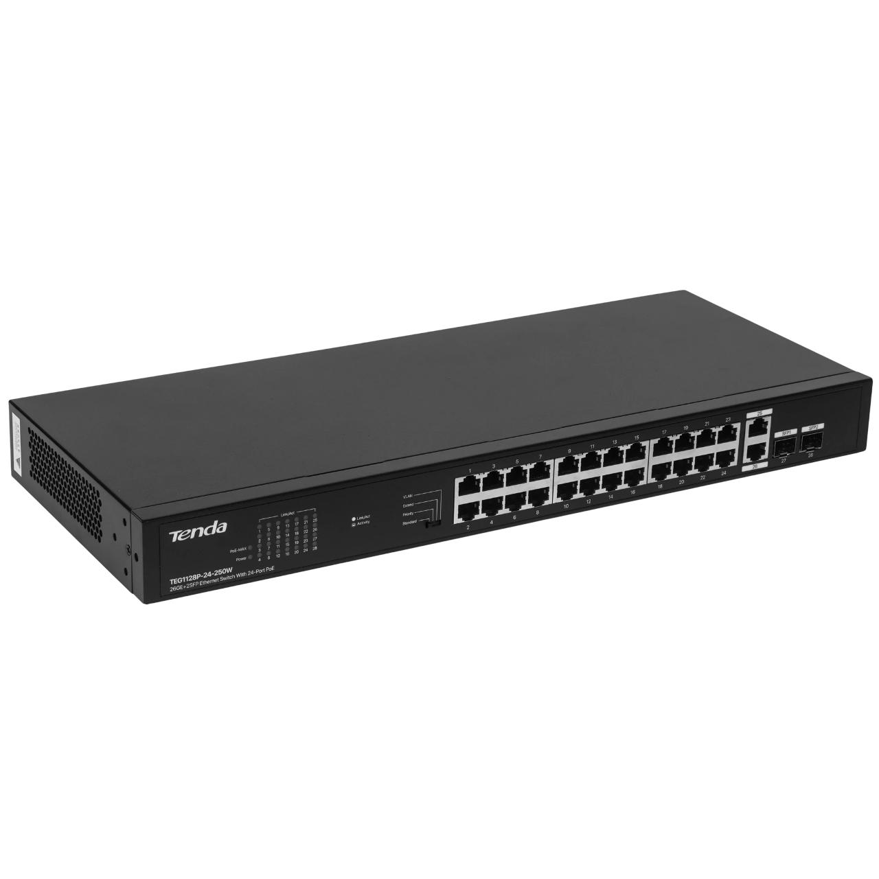 Коммутатор/ Tenda TEG1128P-24-250W Коммутатор неуправляемый PoE, 26x1 Гбит/с, PoE 24х30 Вт (до 230Вт), SFP 2х1 Гбит/с, установка в стойку